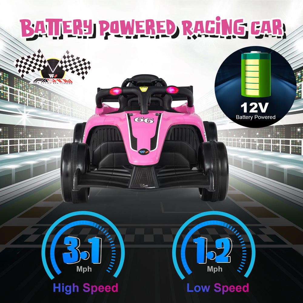Front view of the pink 12V kids ride-on electric Formula racing car, showcasing its sleek design and illuminated.