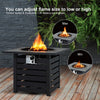 Square propane fire pit table with adjustable flame, lava rocks, and rain cover for outdoor patio and garden use.