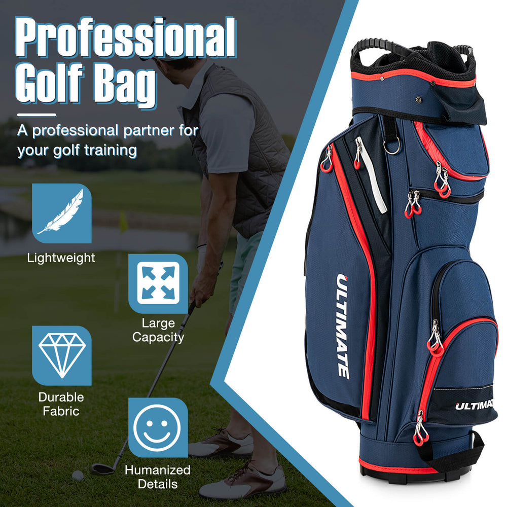 9.5-inch golf cart bag in black with 14-way dividers, 8 zippered pockets, and insulated cooler for on-course.