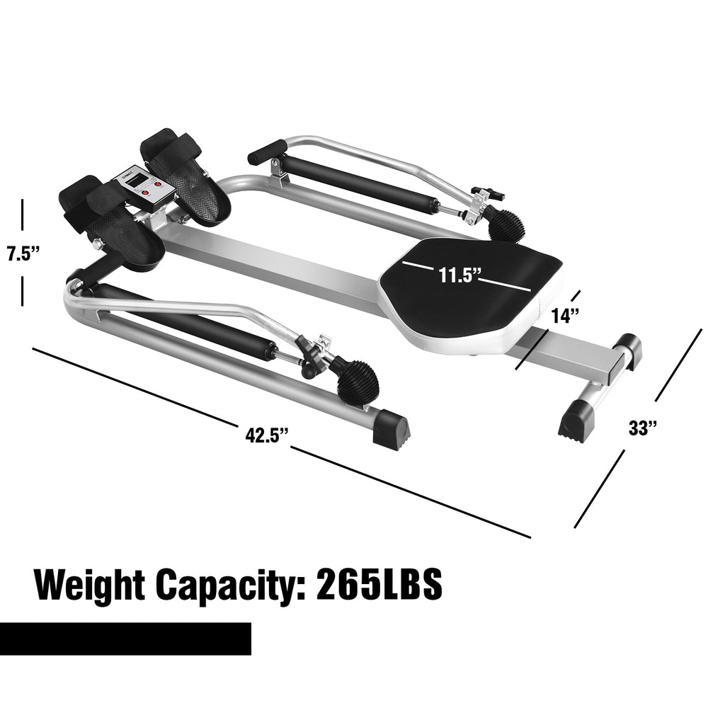 Adjustable double hydraulic resistance rowing machine with LCD monitor, sturdy steel frame, and 265 lbs weight capacity.