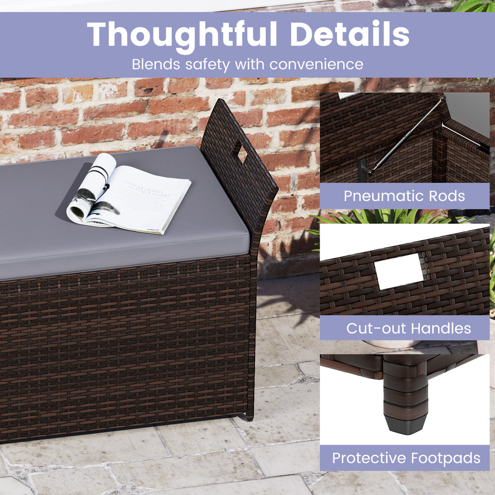Outdoor bench with hand-woven PE rattan, featuring side handles and a thick-padded cushion for comfort and storage.