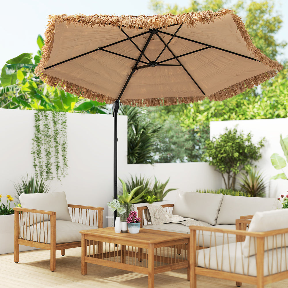 9.5 ft Cantilever Tiki Patio Umbrella Hawaiian Style Offset Hanging Umbrella-Natural丨Costway