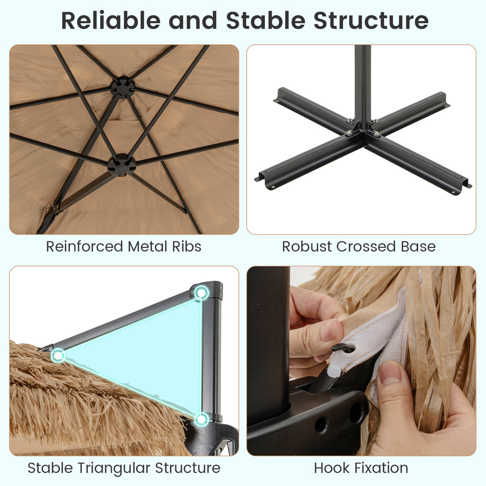 Reinforced metal ribs and stable triangular structure of the 9.5 FT cantilever tiki patio umbrella for reliable support.