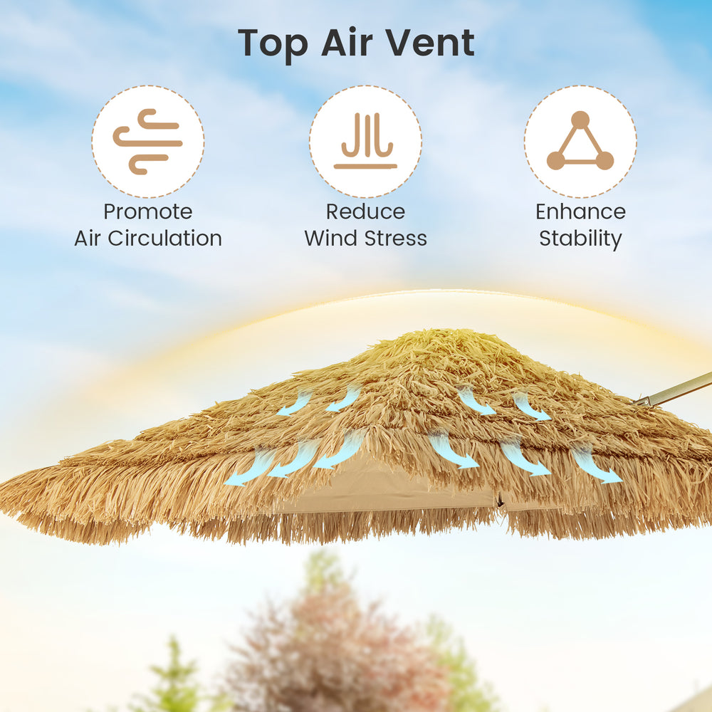 Double-tier top of the 9.5 FT cantilever tiki patio umbrella enhances ventilation and stability for outdoor use.