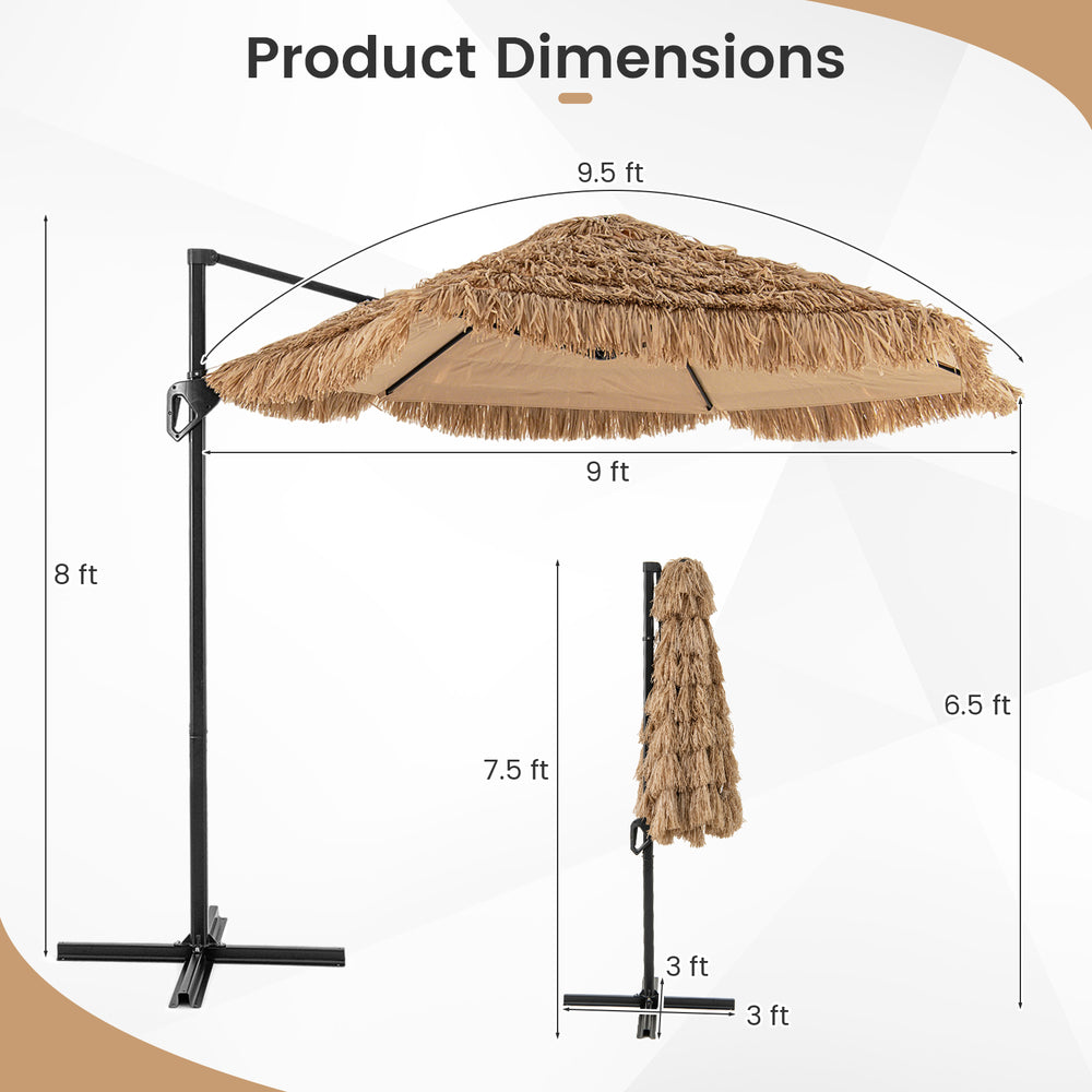 9.5 ft Cantilever Tiki Patio Umbrella Hawaiian Style Offset Hanging Umbrella-Natural丨Costway