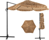 9.5 FT cantilever tiki patio umbrella with natural PE thatch, double-tier canopy, and sturdy metal ribs for outdoor use.