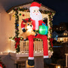 Inflatable 9.5 feet Santa with reindeer and gift box, featuring built-in LED lights for festive outdoor decoration.