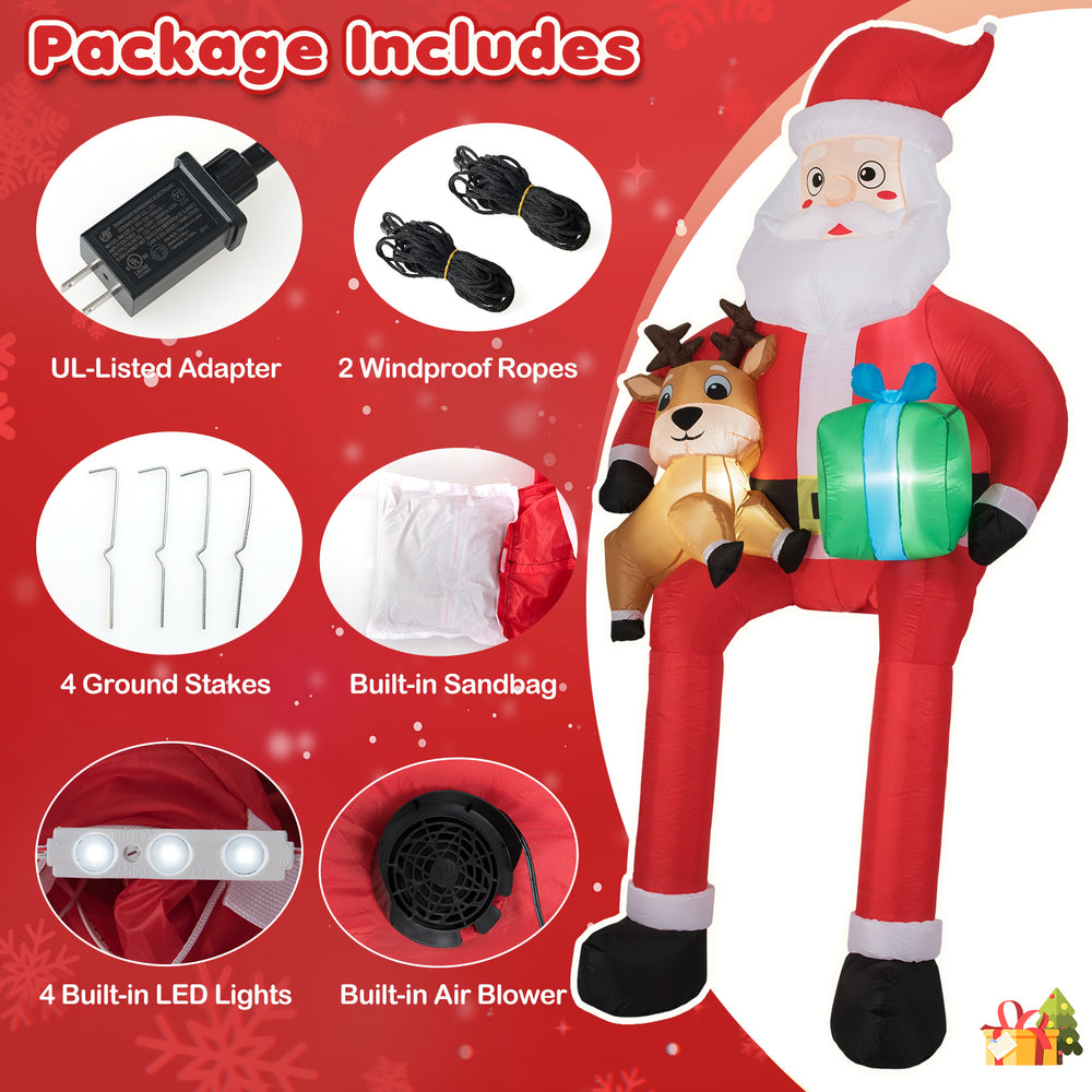 9.5 feet Christmas inflatable Santa decoration with built-in LED lights, featuring a reindeer and gift box for outdoor.