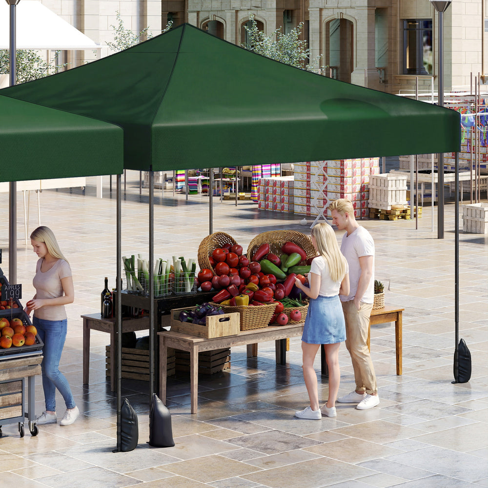 Green 9.5 x 9.5 feet pop-up canopy tent with adjustable heights, ideal for outdoor events and street vending.