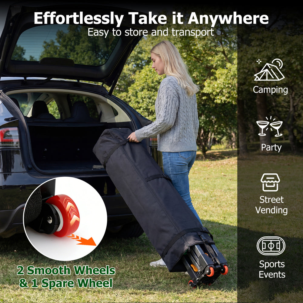 Pop-up canopy tent with adjustable heights, green color, featuring wheels for easy transport, ideal for camping and.