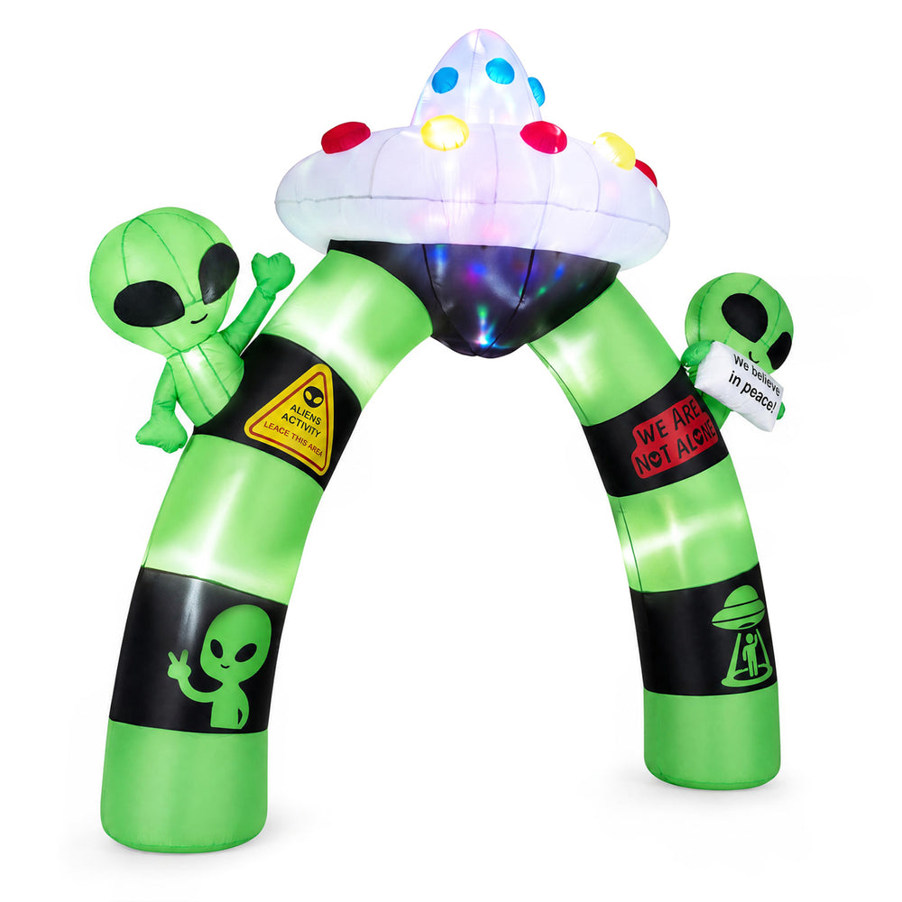Colorful 9.8 FT Alien Halloween inflatable archway with lights, featuring waving aliens and a UFO, ideal for outdoor decoration.