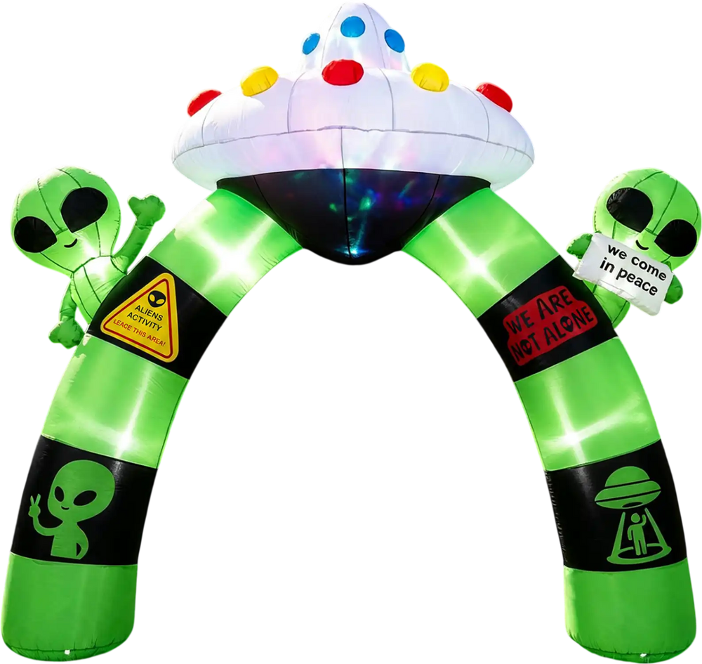 Colorful 9.8 FT Alien Halloween inflatable archway features waving aliens and a UFO, perfect for outdoor decorations.