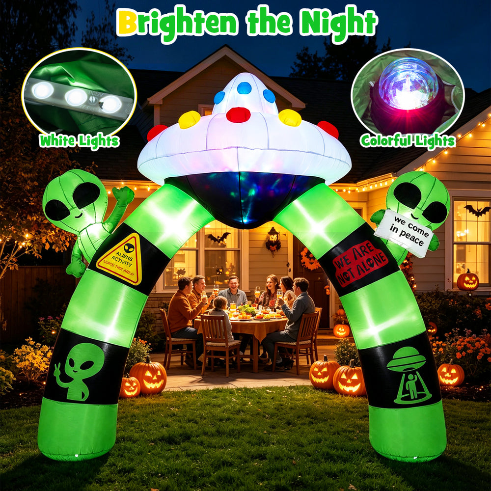 9.8 FT Alien Halloween inflatable archway with colorful lights and waving aliens, perfect for outdoor decoration.