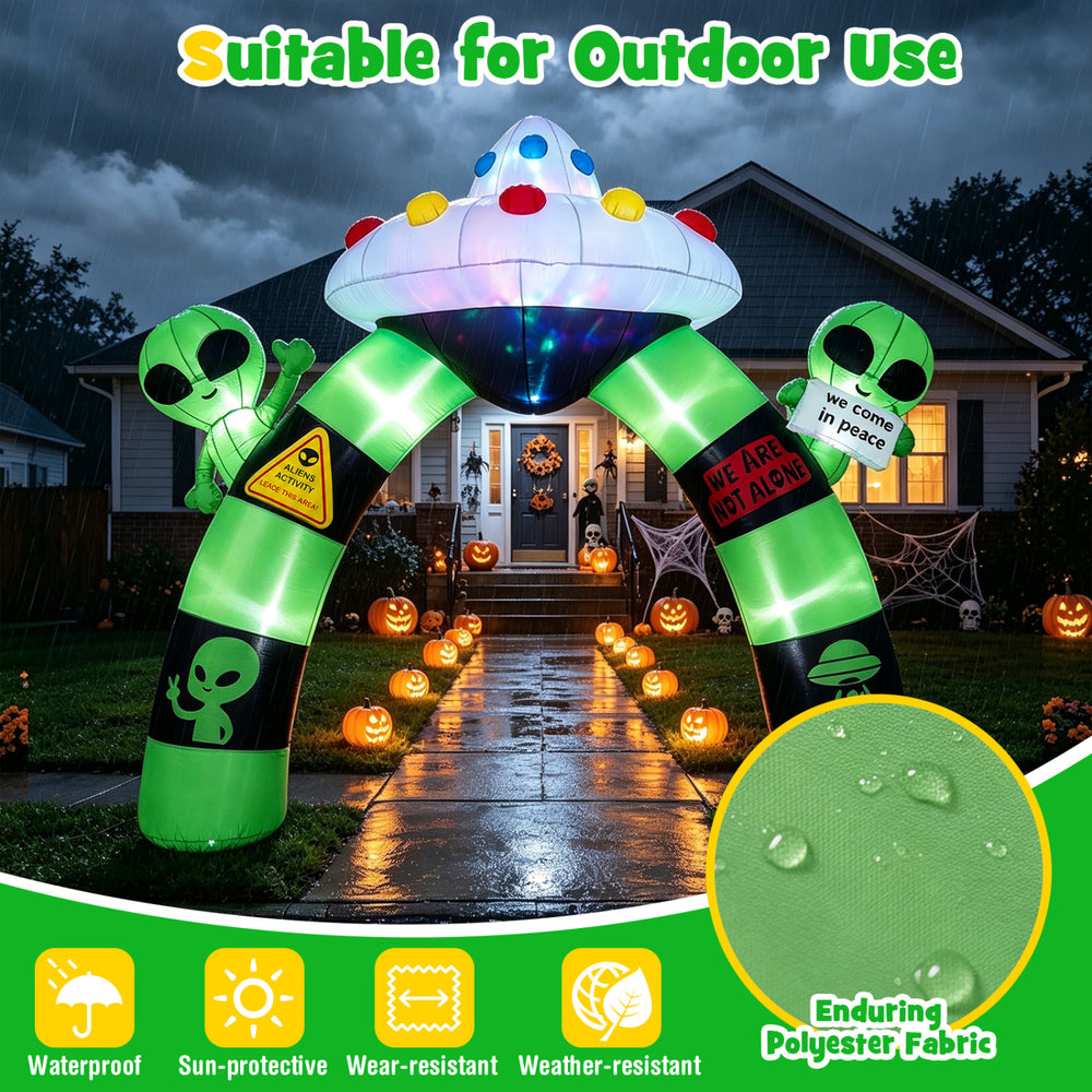 9.8 FT Alien Halloween inflatable archway with lights, featuring a waving alien and UFO, perfect for outdoor decoration.