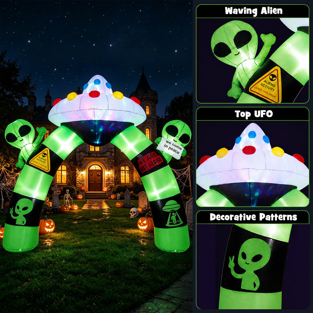 9.8 FT Alien Halloween inflatable archway features a waving alien and colorful lights, perfect for outdoor party decorations.