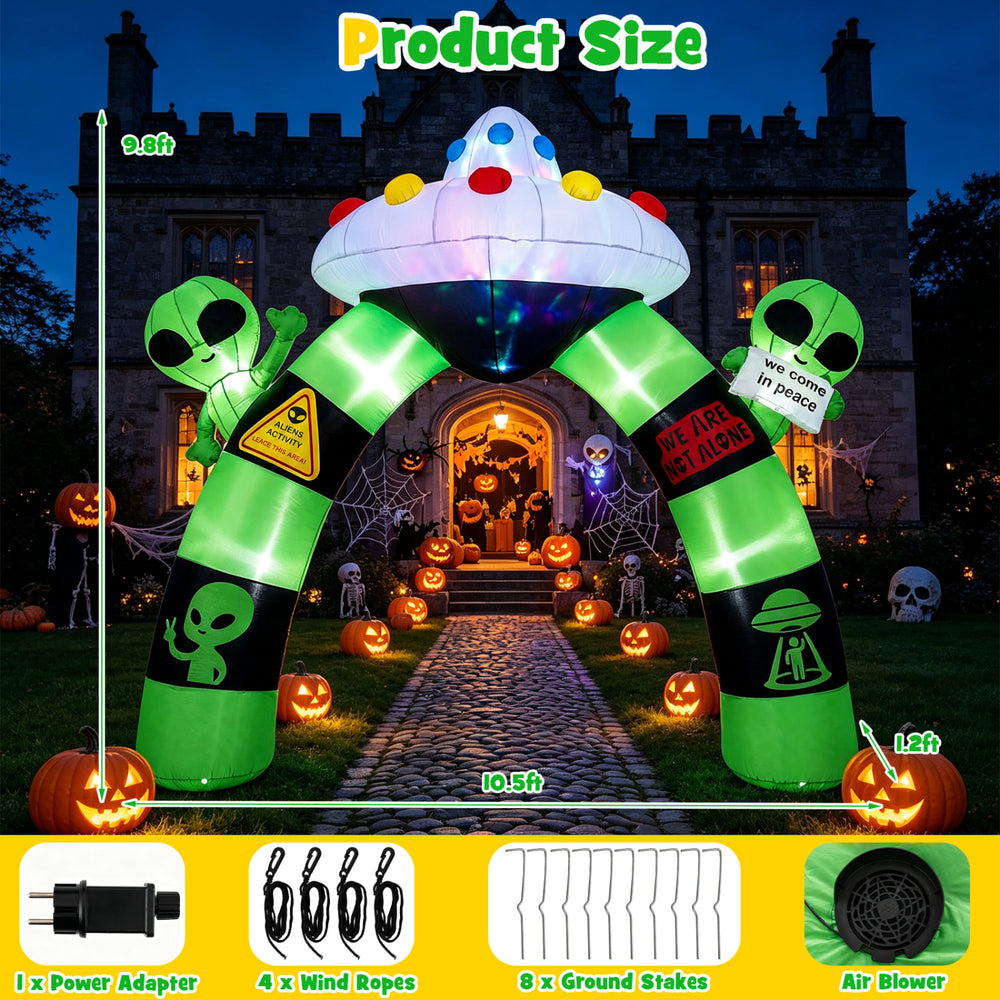 9.8 FT Alien Halloween inflatable archway with lights features a waving alien and UFO, perfect for outdoor decorations.