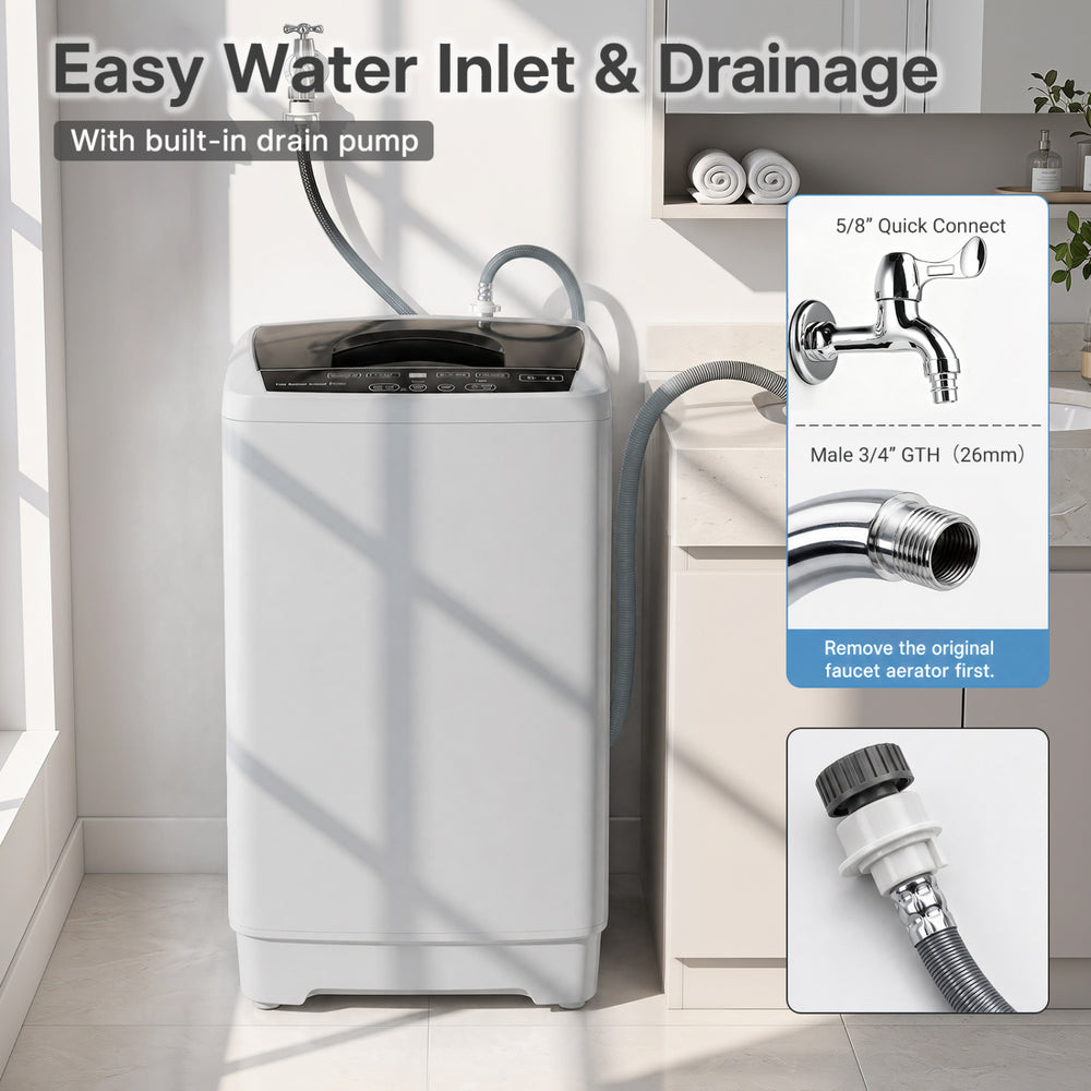 Compact gray full automatic washing machine with stainless steel tub, featuring easy water inlet and built-in drain pump.
