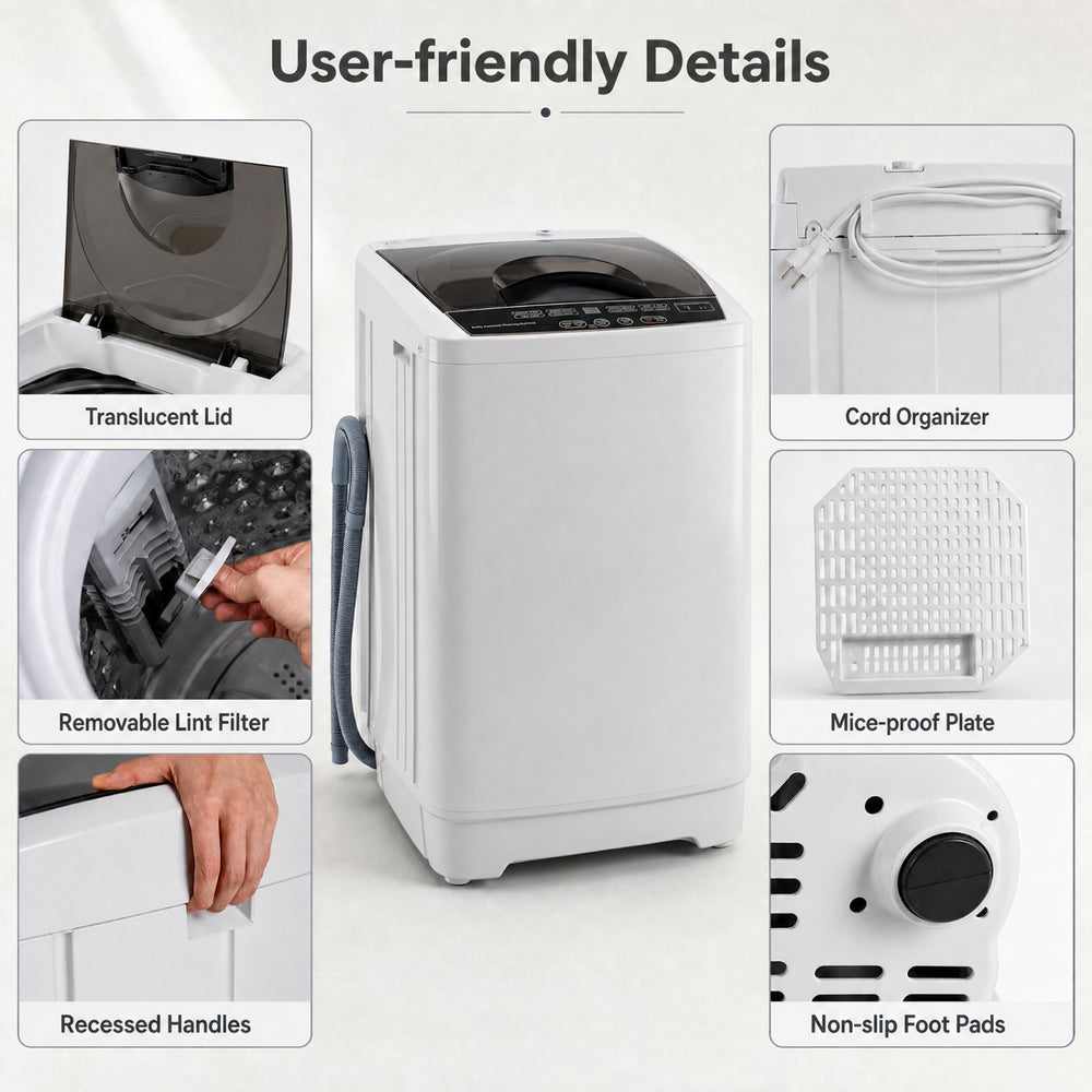 Compact 9.93 lbs full automatic washing machine with stainless steel tub, featuring 8 preset programs and non-slip foot pads.