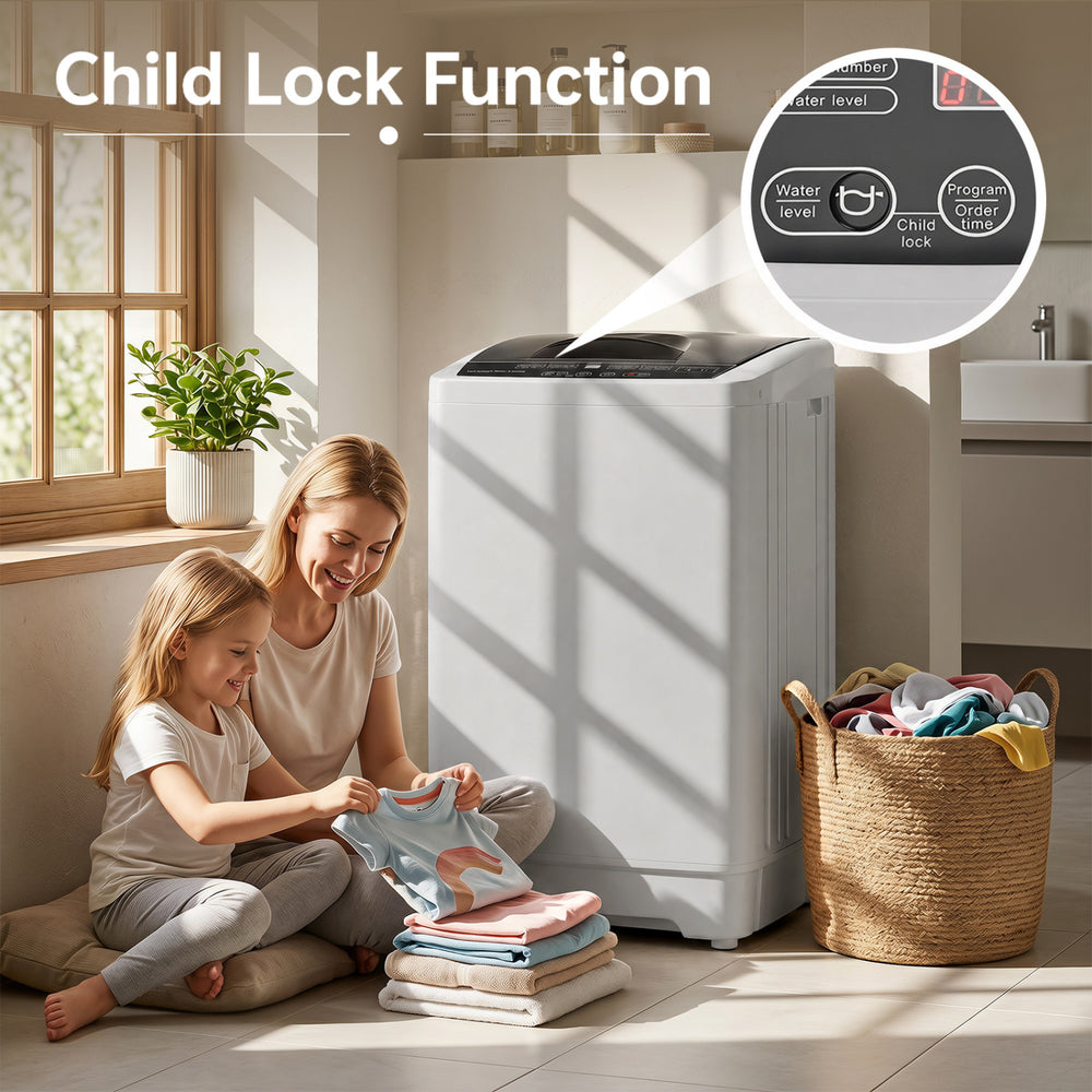 Compact gray 9.93 lbs full automatic washing machine with child lock function, ideal for laundry rooms and apartments.