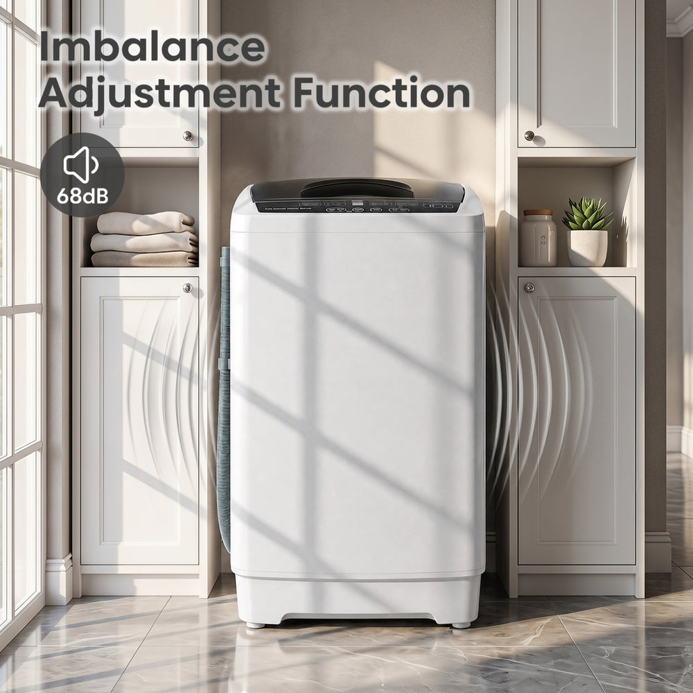 Compact gray full automatic washing machine with stainless steel tub and imbalance adjustment function for quiet operation.