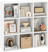Modern 9-cube bookshelf in white for organizing books and decor, featuring tool-free assembly and anti-tipping stability.