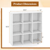 9-cube wooden bookshelf in white with dimensions 35.5" x 35.5" x 12" for modern storage in living rooms or bedrooms.