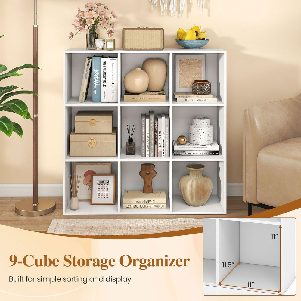 Modern 9-cube storage organizer in white, perfect for displaying books and decor in living rooms or bedrooms.