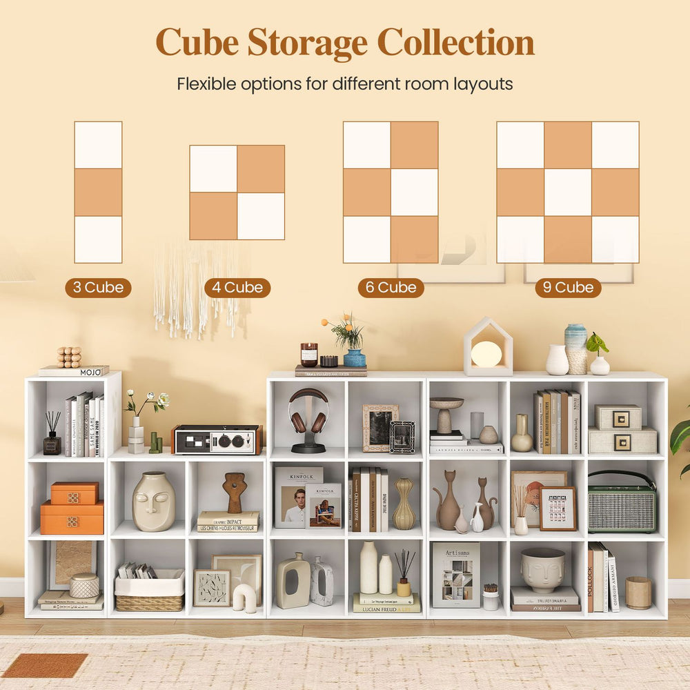 Modern 9-cube bookshelf in white for easy storage of books and decor, perfect for living rooms or bedrooms.