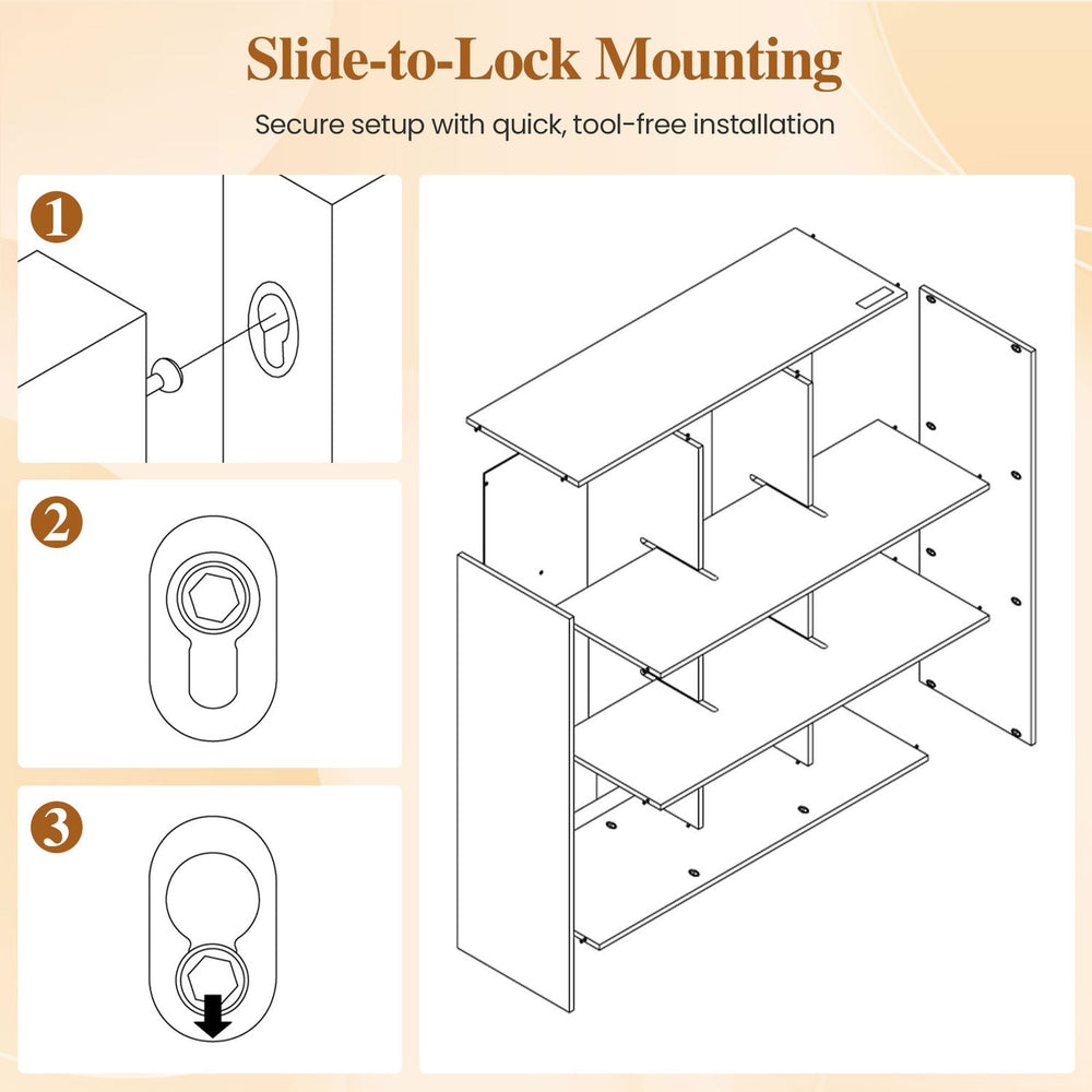 Slide-to-lock mounting instructions for the 9-cube book shelf, designed for tool-free assembly and easy setup.