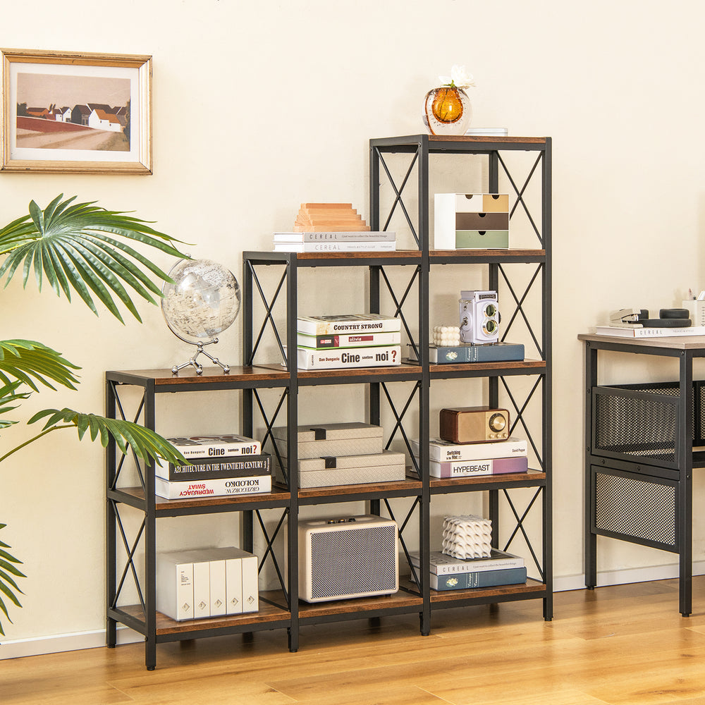 Rustic brown 9 cubes bookcase with carbon steel frame, featuring 12 shelves for organizing books and decor in home.