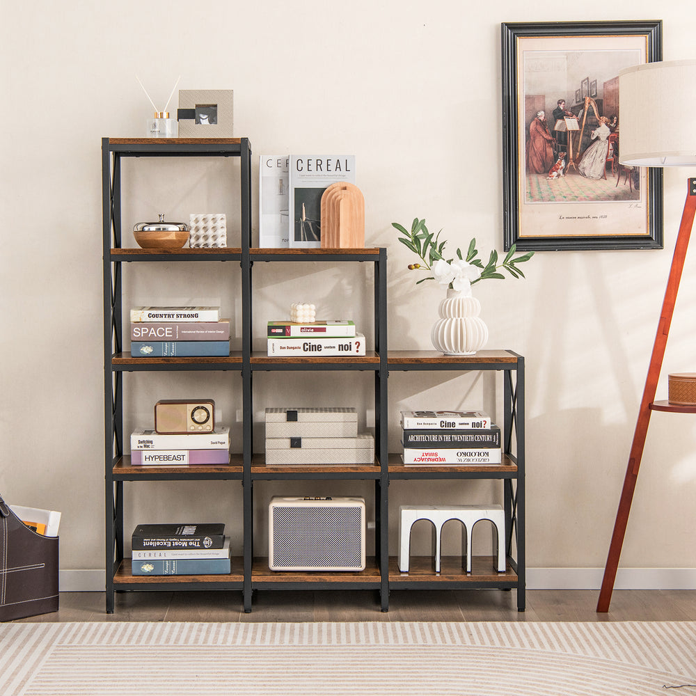 9 cubes bookcase in rustic brown with carbon steel frame, featuring 12 shelves for stylish home office organization.