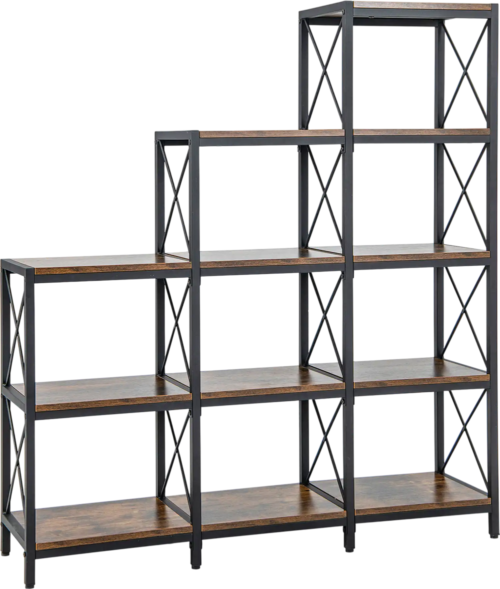 Rustic brown 9 cubes bookcase with carbon steel frame, featuring 12 shelves and X-shaped side supports for stability.