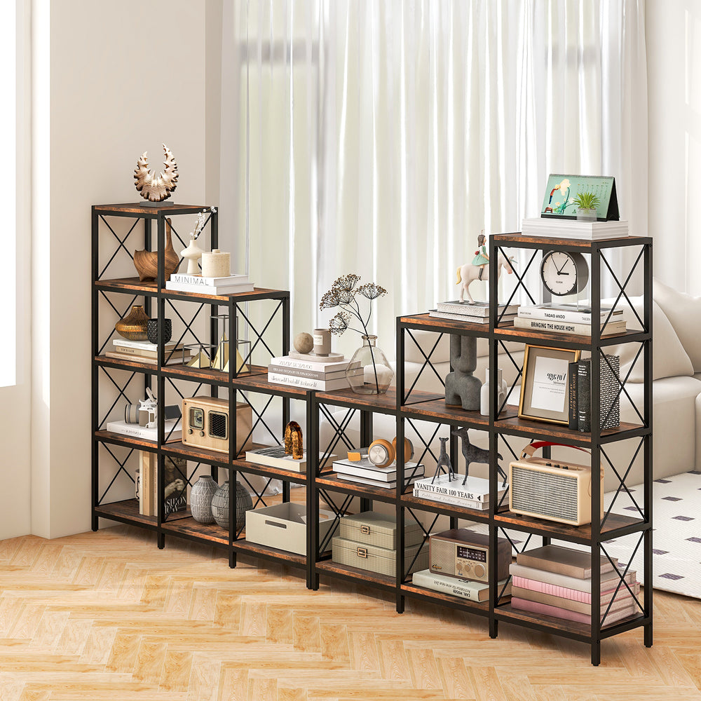 9 cubes bookcase with a carbon steel frame in rustic brown, featuring 12 shelves for versatile home office organization.