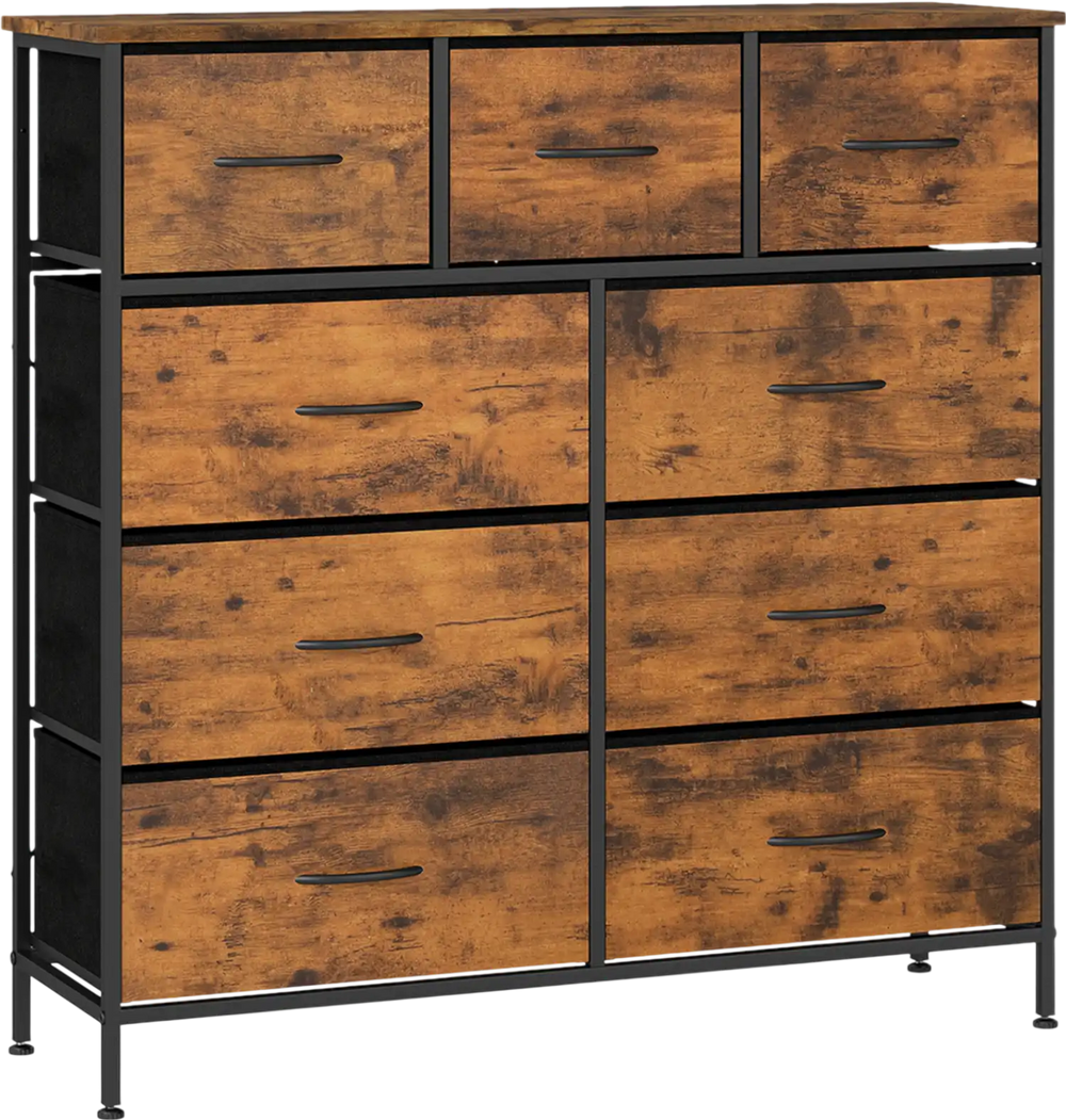 9-drawer fabric dresser with rustic brown finish and wooden top, ideal for bedroom storage and organization.
