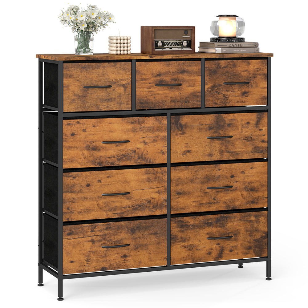 Rustic brown 9-drawer fabric dresser with wooden top, ideal for bedroom storage and organization.