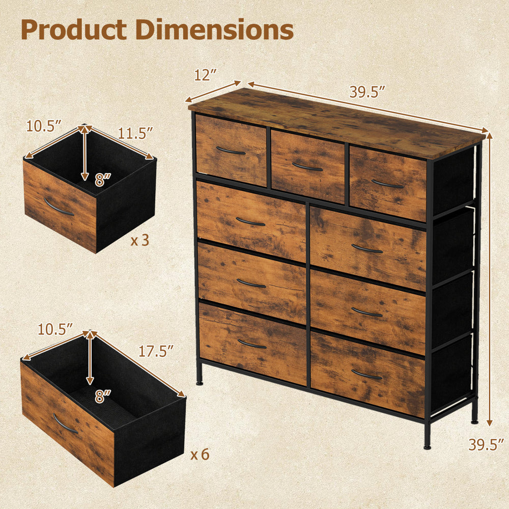 9-drawer fabric dresser with rustic brown finish, wooden top, and dimensions displayed for bedroom organization.