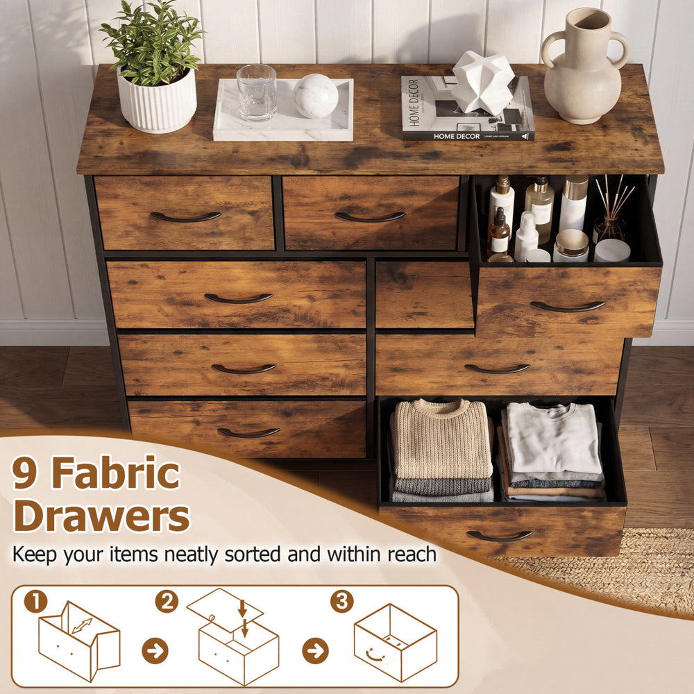9-drawer fabric dresser in rustic brown with wooden top, perfect for organizing bedroom items efficiently.
