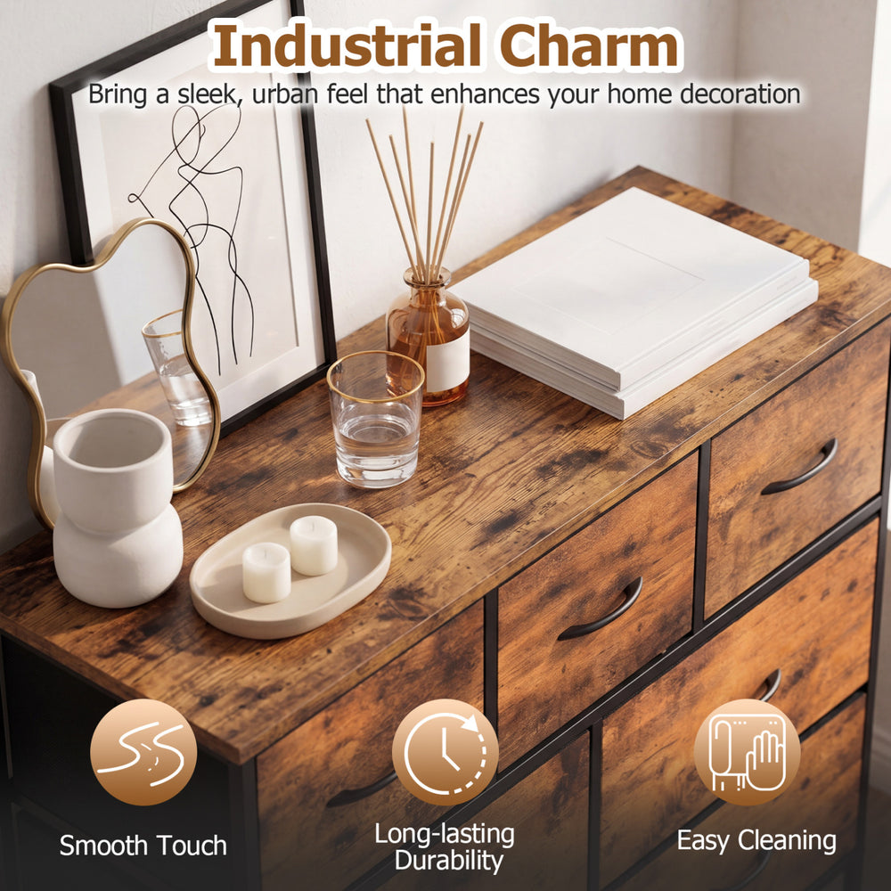 9-drawer fabric dresser with a rustic brown wooden top, featuring a smooth touch and easy cleaning for bedroom decor.