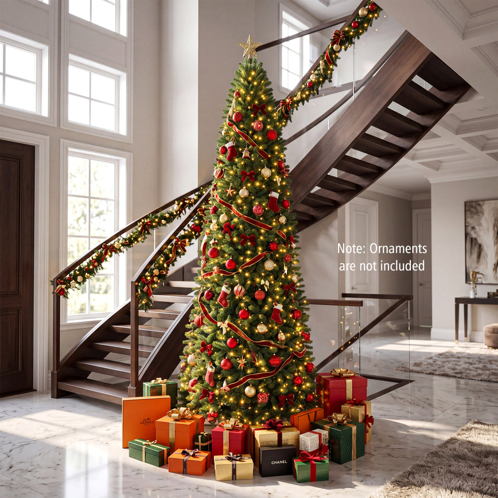 9 FT Pencil Alpine Christmas tree with 1345 branch tips and 550 dual-color LED lights, perfect for festive holiday decor.