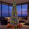 9 FT Pencil Alpine Christmas tree with 1345 branch tips and 550 dual-color LED lights, perfect for festive decor.