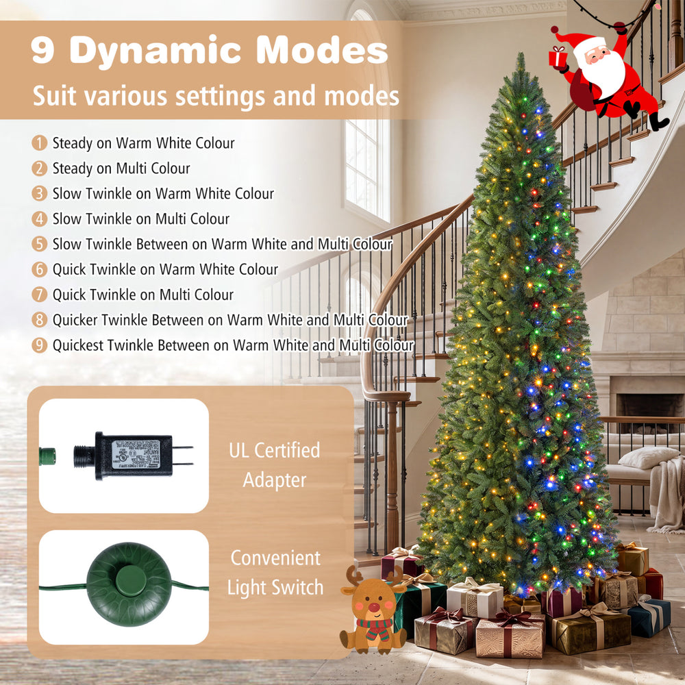 Pencil Alpine Christmas tree stands 9 FT tall, featuring 550 dual-color LED lights and 1345 full branch tips for holiday charm.