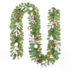 9FT pre-lit artificial Christmas garland featuring 50 warm white LED lights, pine cones, silver balls, and holly berries for festive decor.
