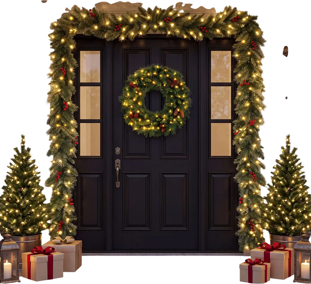 9 FT Christmas garland with 50 warm white LED lights frames a front door in a festive holiday display.