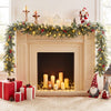 9 FT Christmas garland with 180 frosted branch tips, red berries, and 50 warm white LED lights drapes a festive mantel.