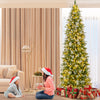 Pencil-shaped 6 FT artificial Christmas tree with warm-white LED lights, decorated in a cozy living room setting.