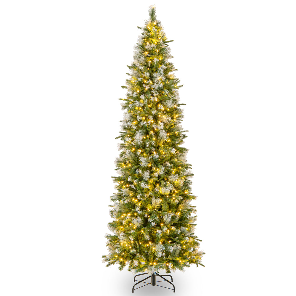 Pencil-shaped 6 FT artificial Christmas tree with warm-white LED lights, featuring lush flocked branches for festive.