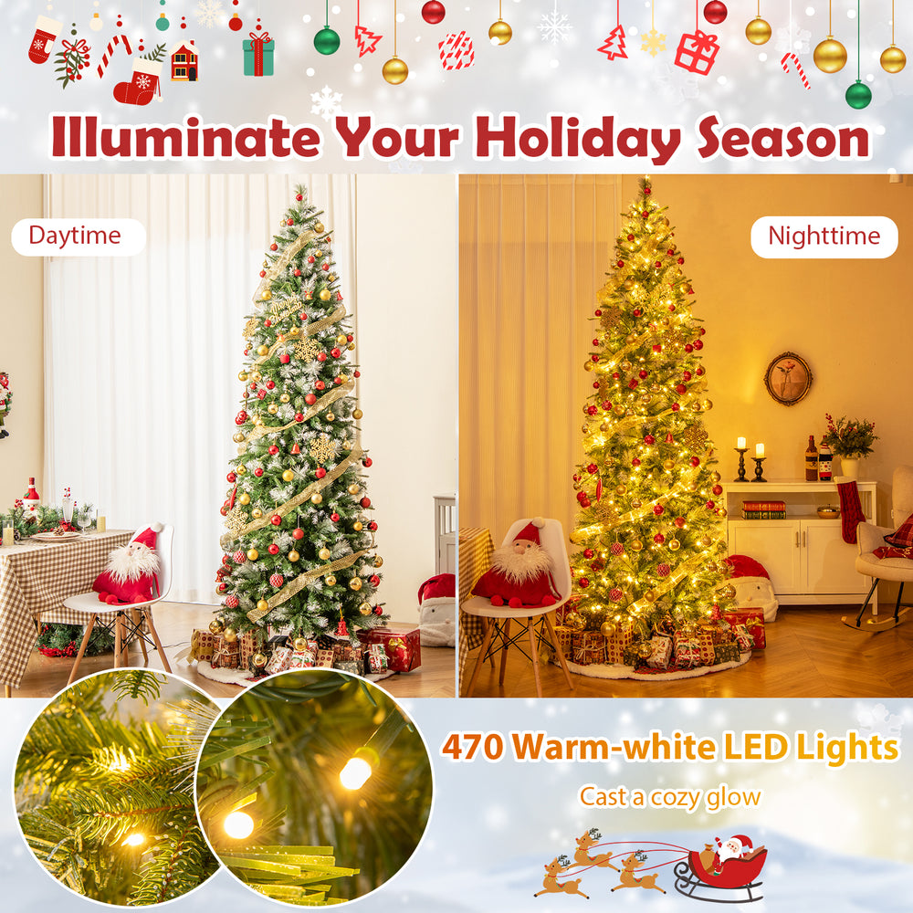 Pencil-shaped 6 FT artificial Christmas tree with warm-white LED lights, showcasing lush branches for festive.