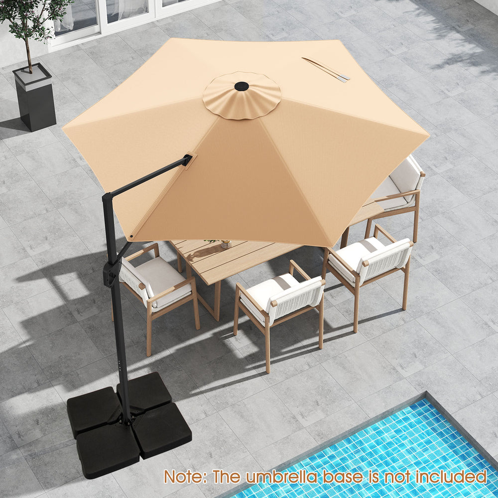 9 FT cantilever patio umbrella in beige with vented top, perfect for shading patios and gardens. Umbrella base not.