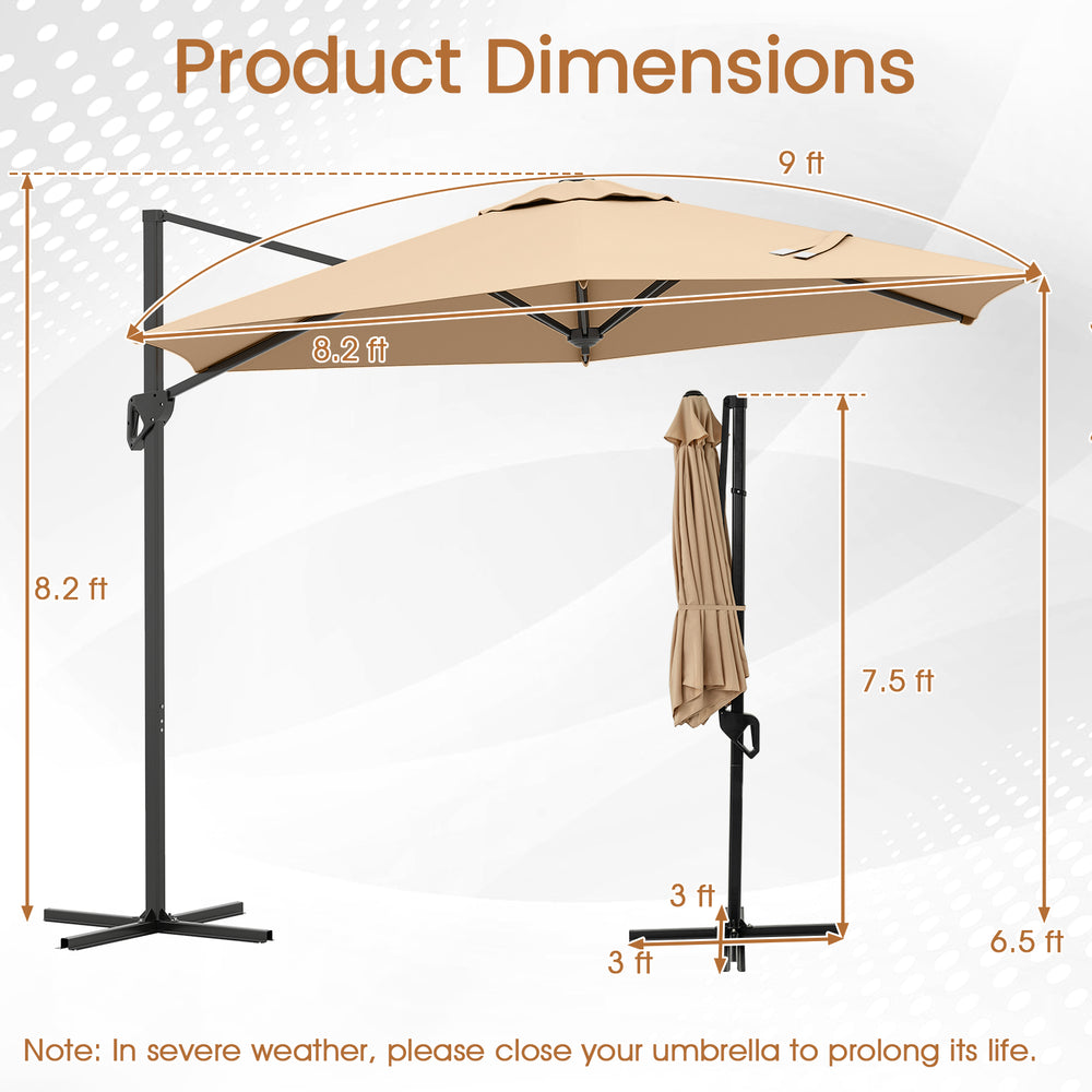 Dimensions of the 9 ft cantilever patio umbrella with beige sun-protective canopy and vented top for outdoor use.