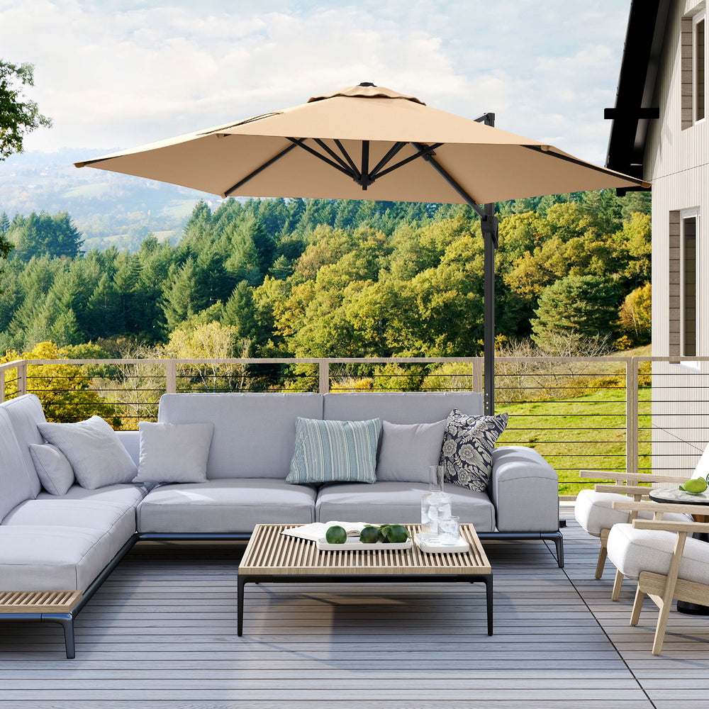 9 FT cantilever patio umbrella with beige sun-protective canopy, ideal for shading patios and gardens.